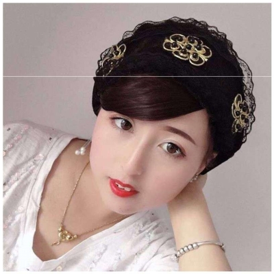 帽子款纱巾时尚新款头套纱巾帽子马来款纱巾新款网纱蕾丝钉珠透气