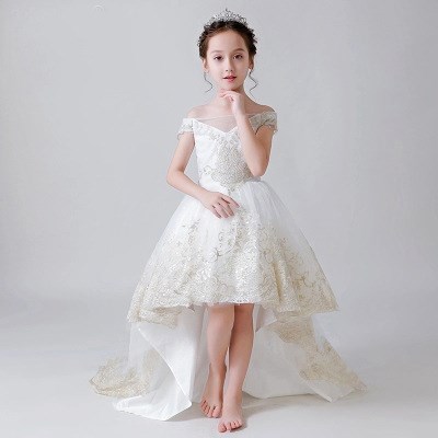 女童公主裙花童婚纱礼服裙一字肩拖尾长款拖地儿童主持人高端服装