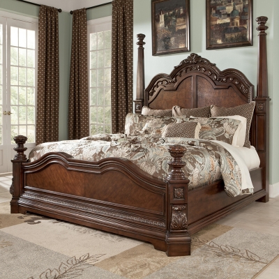 欧式实木双人床米黄美式罗马柱高背四柱床1.51.8米轻奢实木床雕.