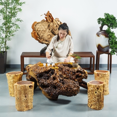 根雕茶台树根整体茶几茶桌树墩金丝楠木茶桌椅组合树桩实木家具.