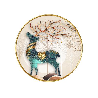 发财鹿玄关装饰画圆形挂画北欧餐厅现代轻奢走廊过道招财客厅壁画