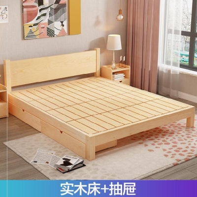 落地式硬板带抽屉新中式双人床简约型公寓床卧室结实耐用的实木床