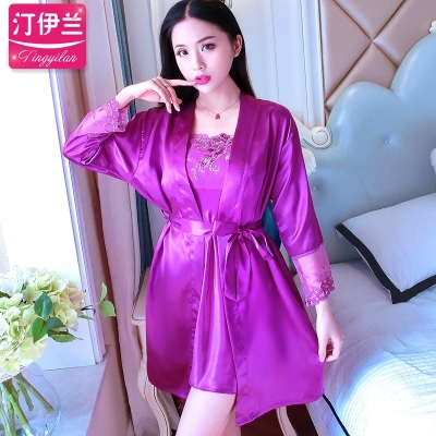 紫色睡衣女 浪漫紫丝蕾丝家居服性感睡袍吊带睡裙短袖紫色气质