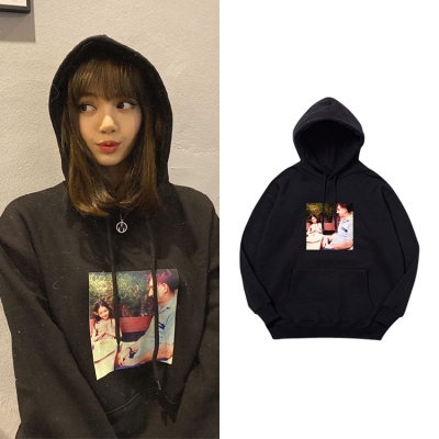blackpink组合lisa同款卫衣印花套头连帽衫加绒薄男女春秋冬上衣