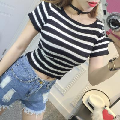 韩版露脐短款上衣女夏装短袖学生漏肚脐t恤针织短装紧身衣服高腰