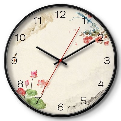 中国风时钟 新中式田园客厅挂钟 静音窄框12英寸14英寸卧室钟表大
