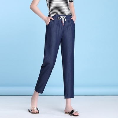 女士弹力九分丝直筒宽松天丝牛仔裤2020夏季马裤裤直筒裤松紧