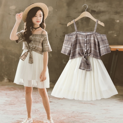女童一字领中大童夏季吊带露肩假两件小学生连衣裙中长款小清新10