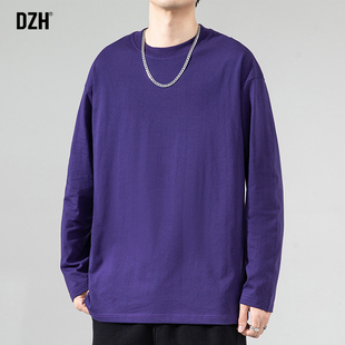 男士紫色t恤男长袖潮牌秋季2024新款宽松打底套头上衣春秋款卫衣