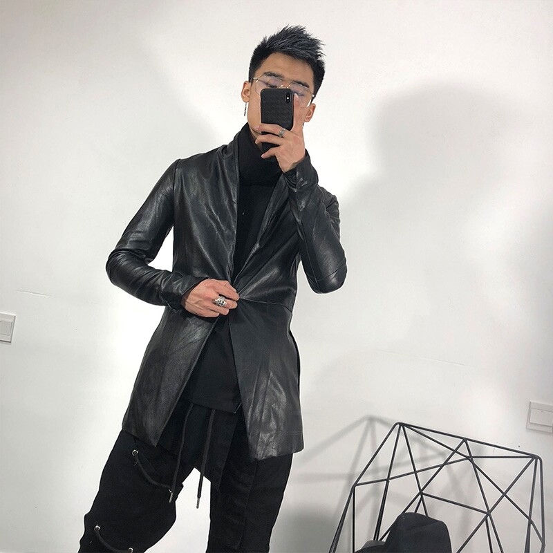 手工金属龙骨褶皱小牛皮皮王暗黑先锋男士真皮皮衣外套