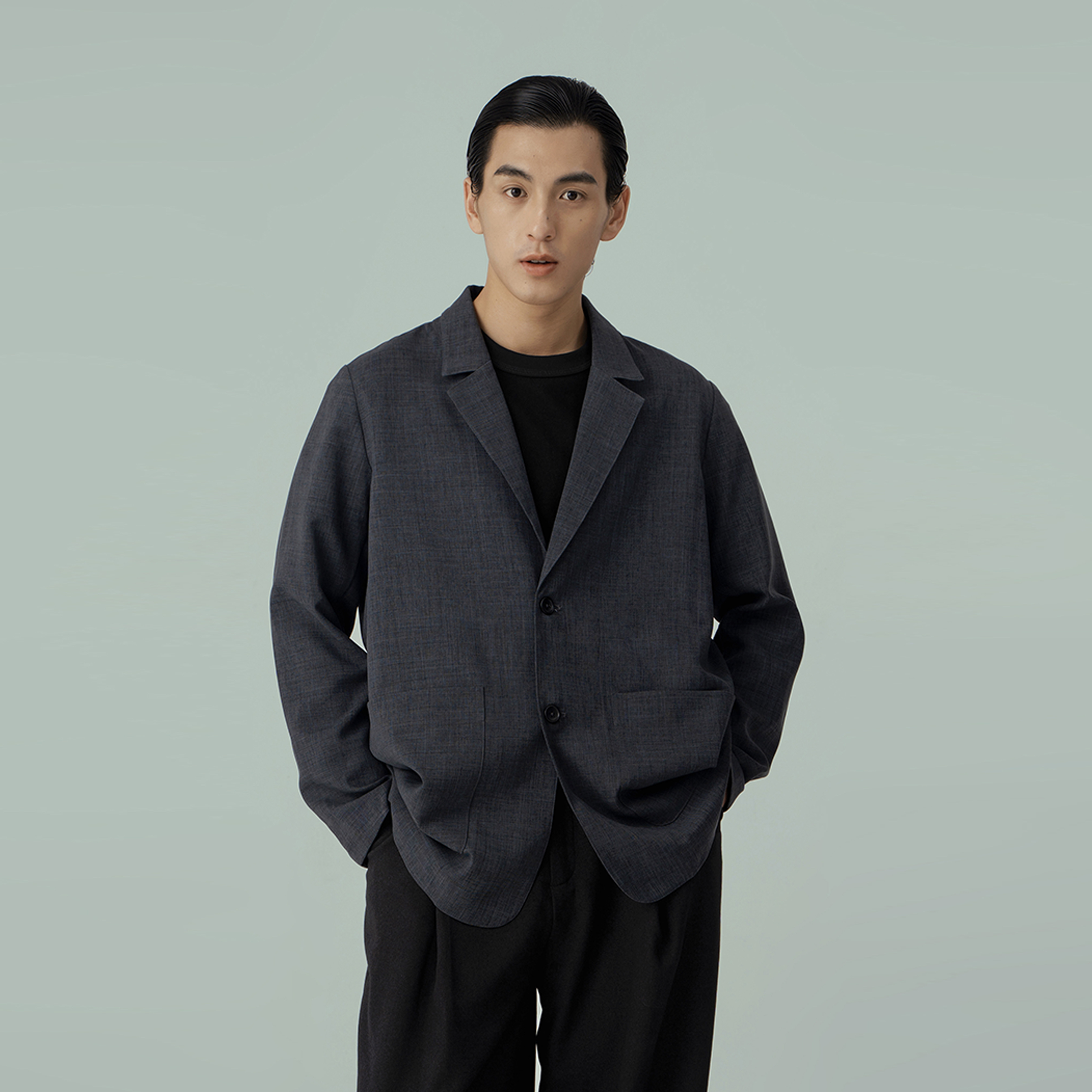 monody 灰蓝色仿麻感轻薄贴袋廓形西装