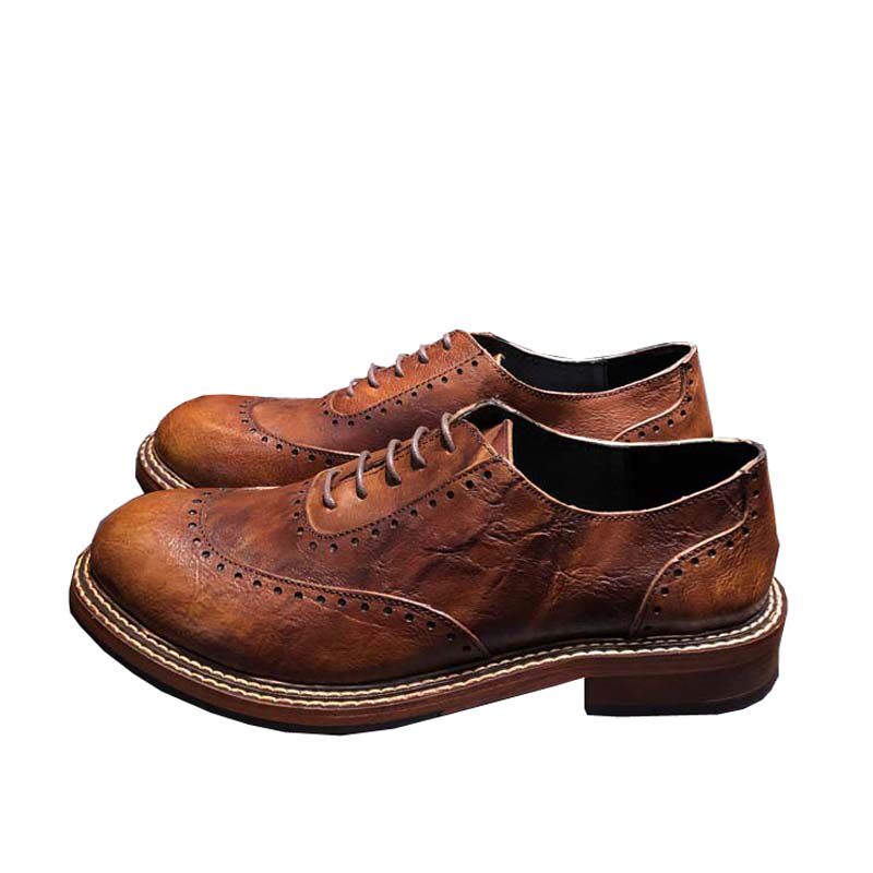 阿美咔叽复古真皮圆头布洛克英伦风商务休闲百搭手工装德比皮鞋男