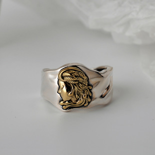小众原创设计s925纯银女神戒指女印第安头像时尚个性金银撞色指环