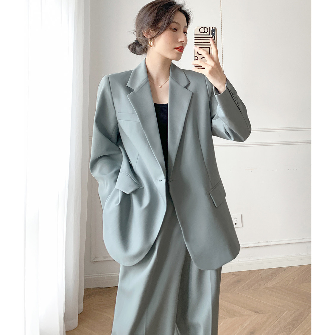 栀久雾霾绿西服套装女春秋新款时尚气质女神范休闲职业西装两件套