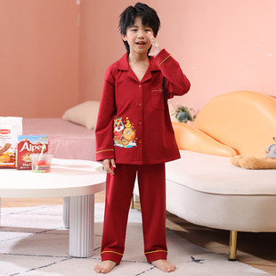 儿童睡衣纯棉家居服套装红色本命年男童男孩大童宝宝长袖春秋全棉