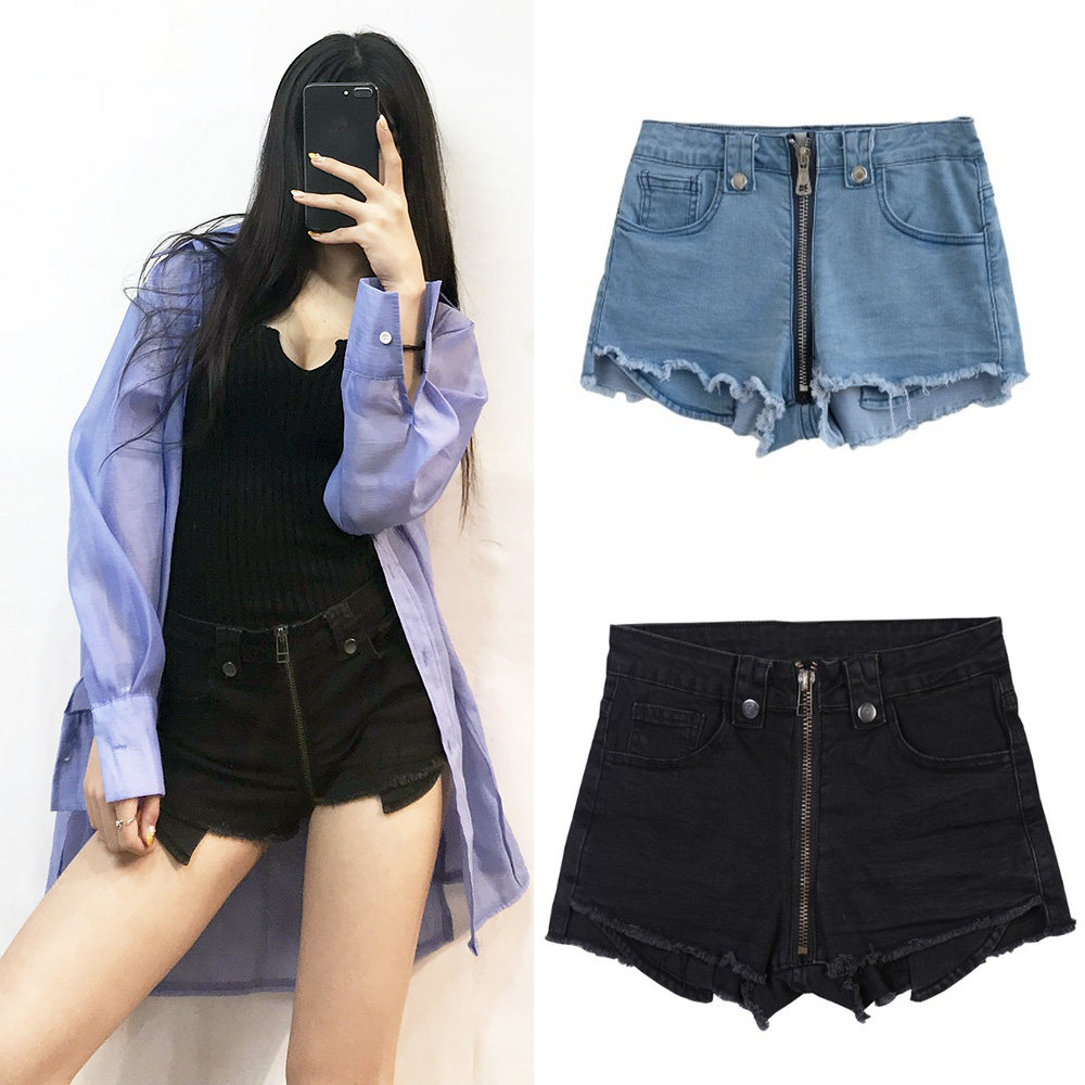 夏季新款街头风紧身时尚前拉链女夏裤热裤牛仔显瘦高腰毛边超短裤