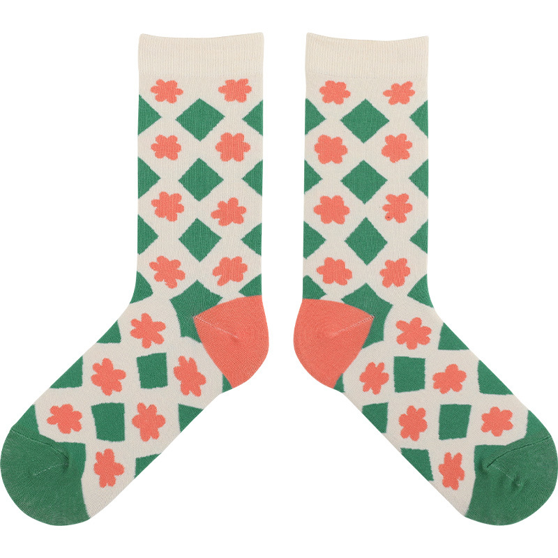 男女格纹情侣袜中筒袜秋冬纯棉卡通插画日系小清新少女袜子socks