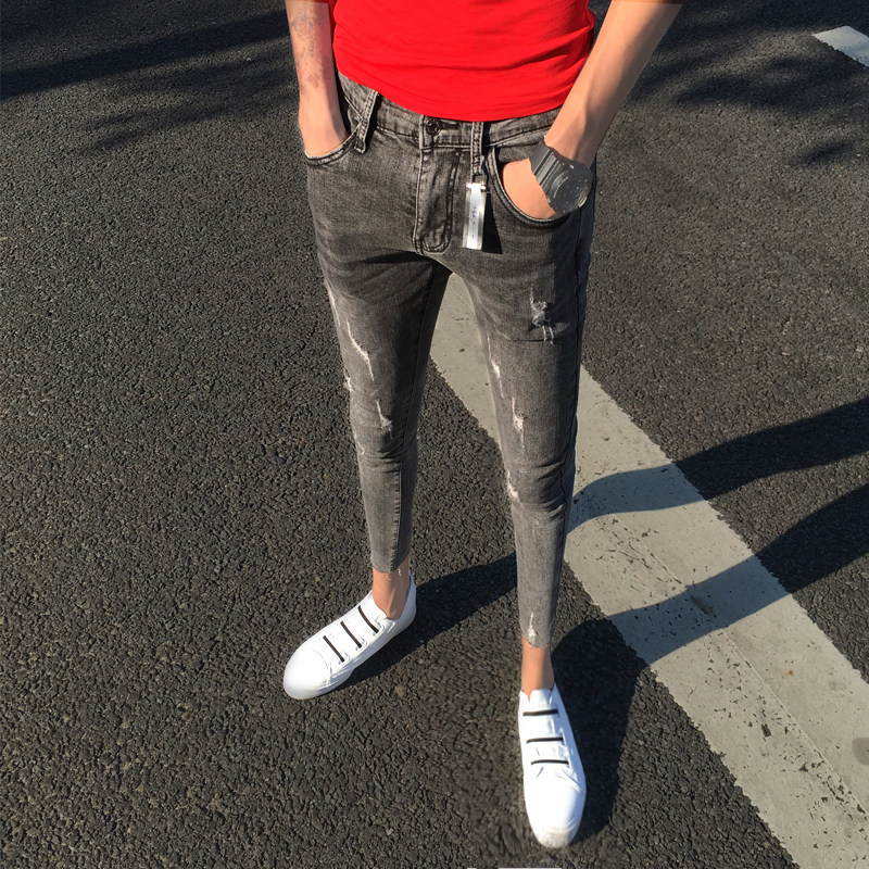 网红裤子男牌潮男修身型破洞小脚裤精神小伙九分裤紧身社会牛仔裤