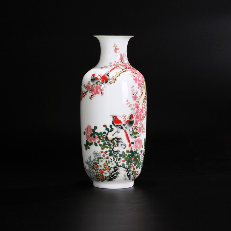 当代官窑 轻工部陶研所 63年五彩花鸟瓶