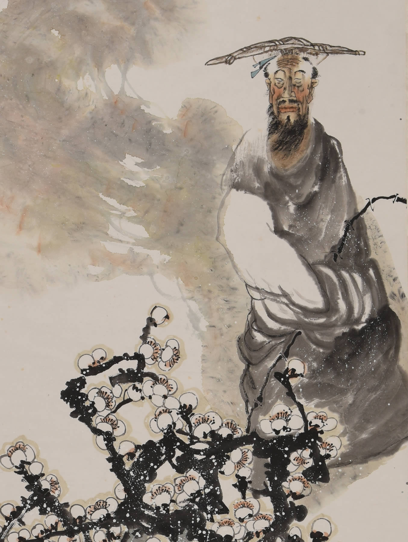 著名山水画家 李仇智作品 老翁赏寒梅 1374