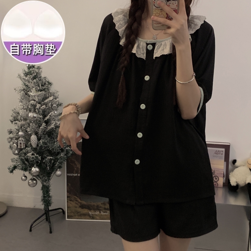 睡衣女带胸垫夏季短袖2024新款黑色高级感薄款夏天甜美家居服套装