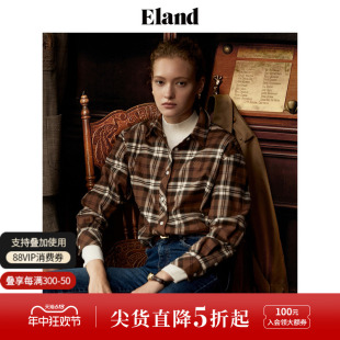 Eland衣恋衬衫女纯棉经典美式复古格纹轻磨毛衬衣内搭外穿春秋