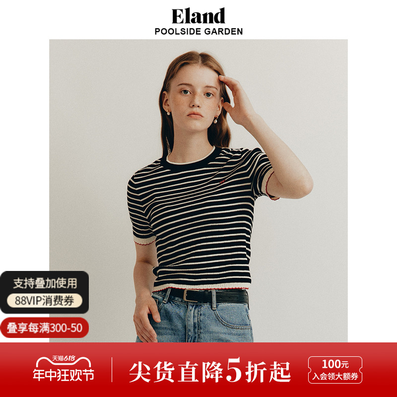 Eland衣恋短袖T恤女复古撞色条