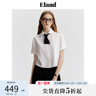 Eland衣恋白色短袖衬衫女蝴蝶结领带雪纺衫上衣2024夏季新款