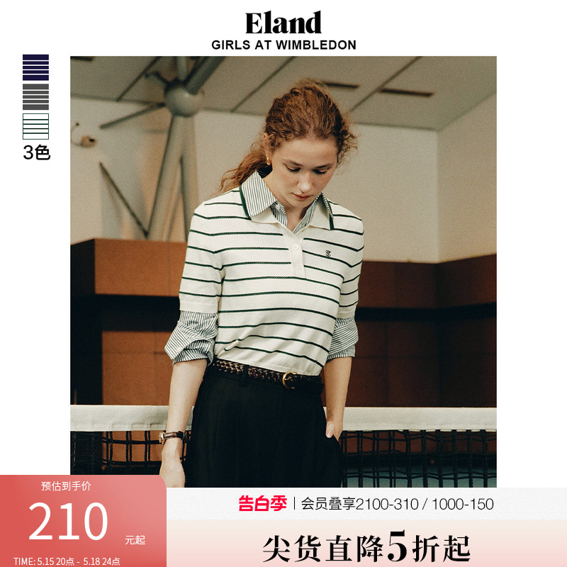 Eland衣恋短袖毛衣女夏季复古撞