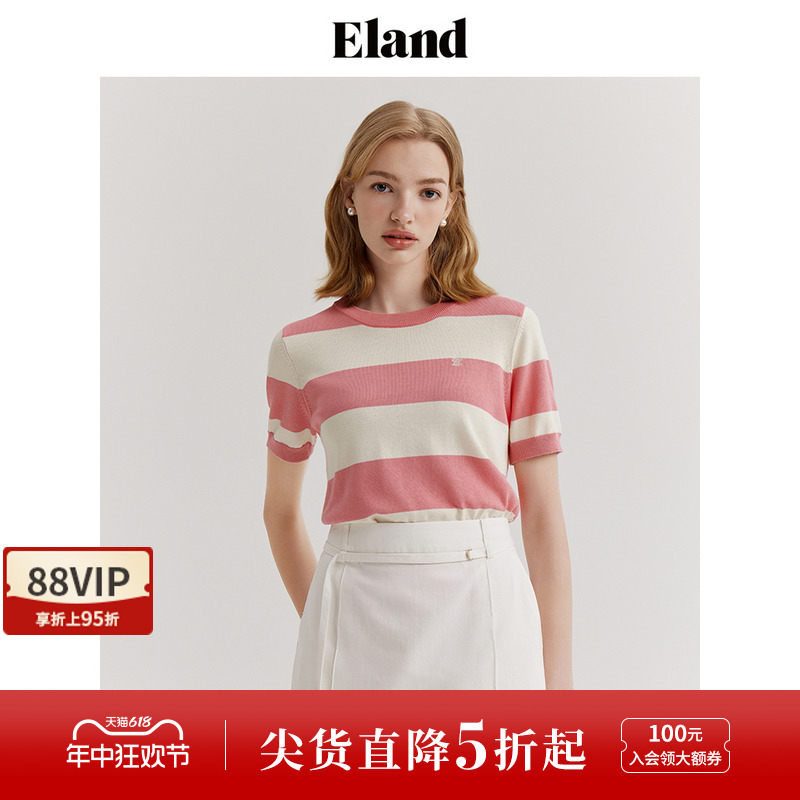 Eland衣恋圆领撞色条纹针织衫女