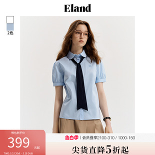 Eland衣恋短袖衬衫女撞色蝴蝶结泡泡袖上衣2024夏季新款