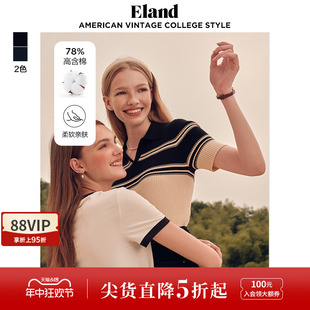 Eland衣恋针织T恤女学院风POLO领LOGO刺绣短袖上衣夏季