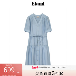 Eland衣恋V领连衣裙女泡泡袖本布腰带休闲舒适裙子2024夏季新款