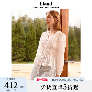 Eland衣恋衬衫女V领镂空花边收腰纯棉复古风上衣年春新款