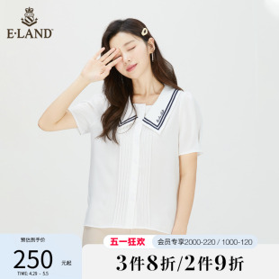 Eland衣恋夏季新款时尚甜美小众娃娃领白色雪纺短袖衬衫女士