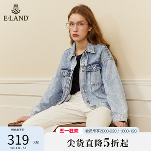 Eland衣恋牛仔外套女春秋复古水洗做旧浅色牛仔外套上衣女