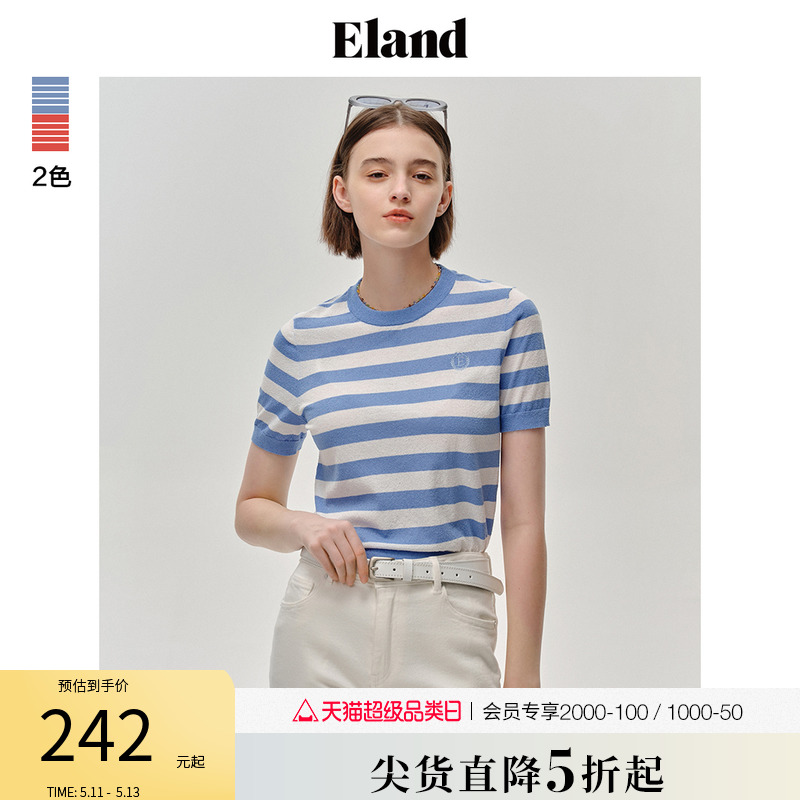 Eland衣恋条纹短袖T恤女修身短