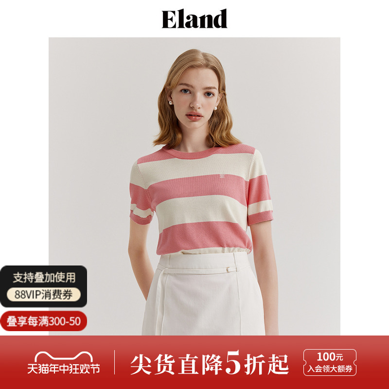 Eland衣恋圆领撞色条纹针织衫女