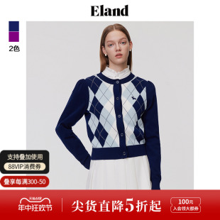 Eland衣恋针织开衫圆领短款格纹修身复古学院风毛衣春秋款