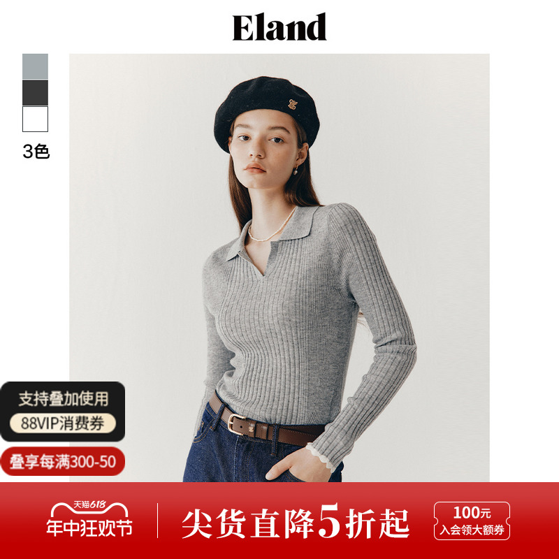 Eland衣恋毛衣秋冬女套头罗纹紧