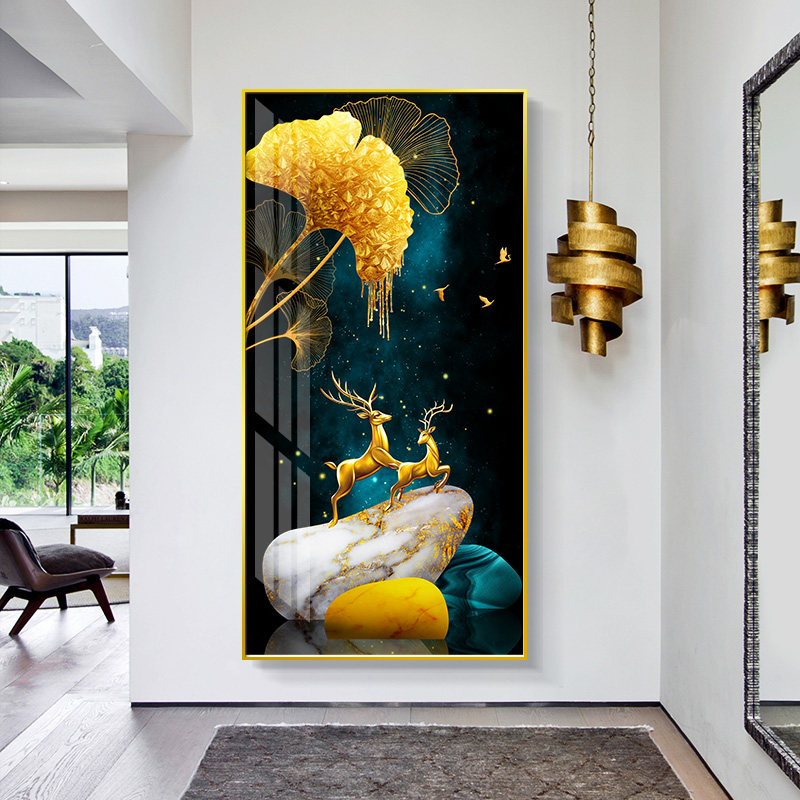 玄关装饰画北欧风格麋鹿画挂画晶瓷画入户轻奢竖版招财简约墙壁画