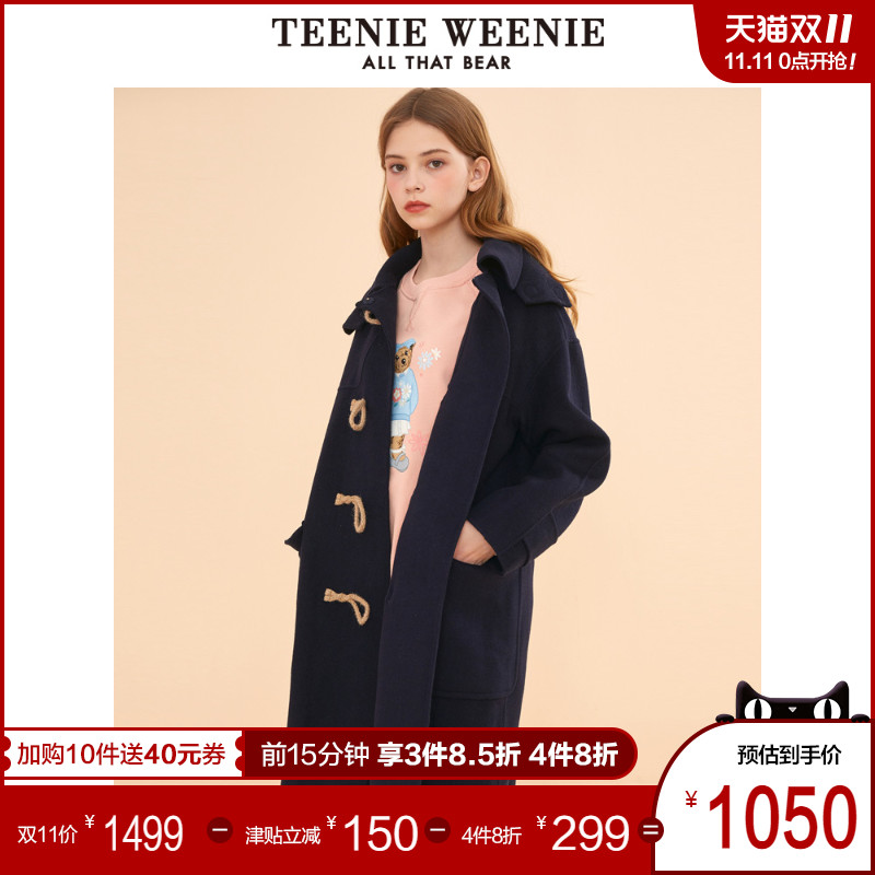 TeenieWeenie小熊2019冬季新款牛角扣毛呢大衣中长款双面呢外套