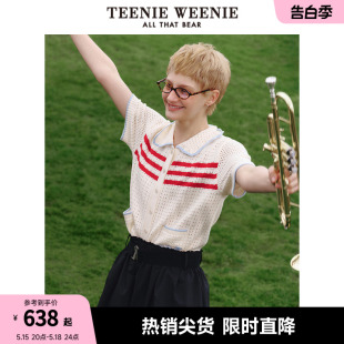 TeenieWeenie小熊2024年夏季新款镂空短袖条纹针织开衫薄款时尚女