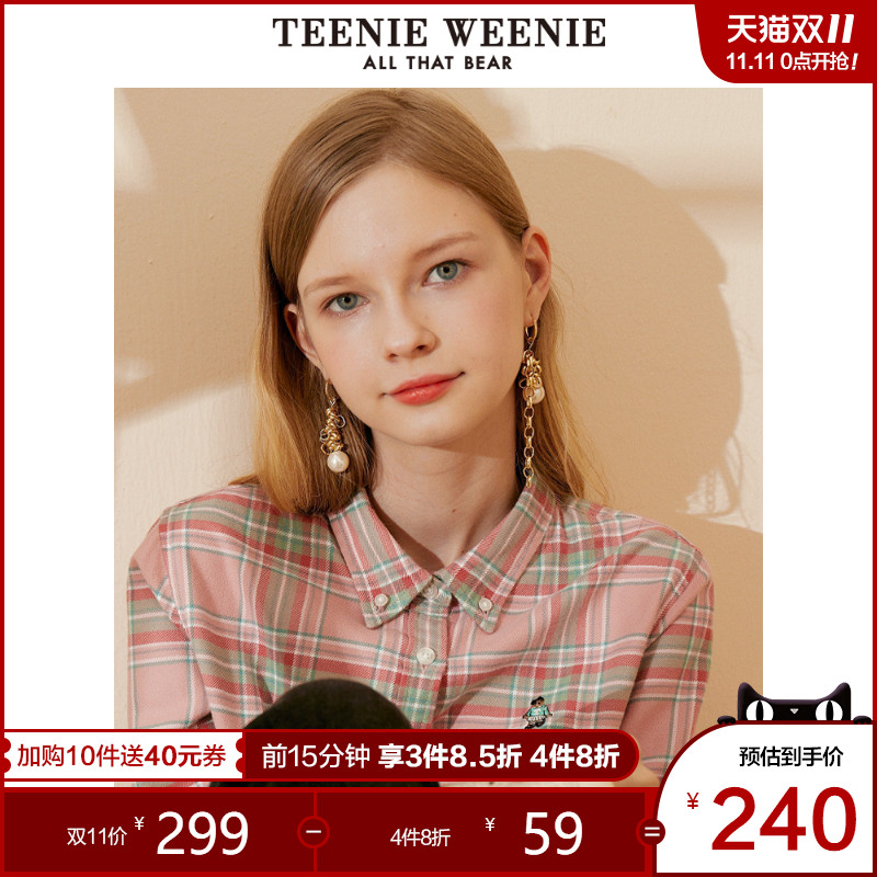TeenieWeenie小熊女装2019秋季新款格子衬衫韩版宽松复古港味衬衣