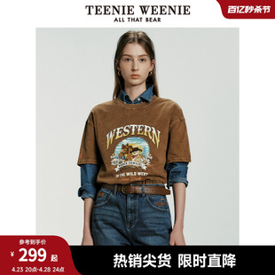 TeenieWeenie小熊女装2024春装新款美拉德宽松做旧水洗短袖T恤女