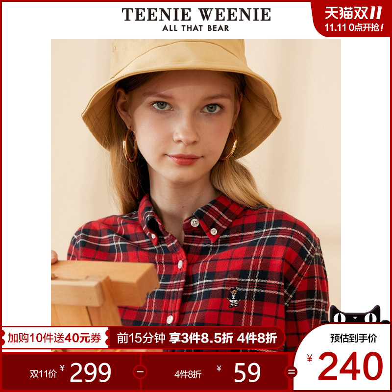 TeenieWeenie小熊女装2019秋季新款格子衬衫洋气长袖宽松韩版衬衣