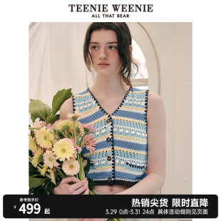 TeenieWeenie小熊女装2024春夏新款V领镂空开衫马甲无袖针织开衫