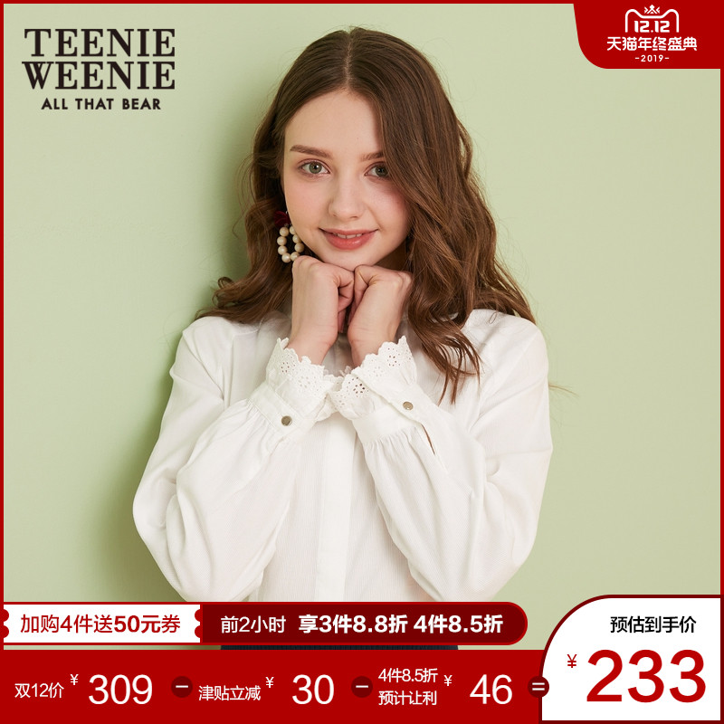 TEENIEWEENIE小熊2019春季新款女装小清新蕾丝花边领口长袖衬衫