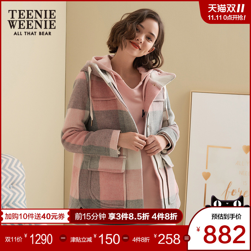 Teenie Weenie小熊装女格子毛呢外套连帽中长款呢子大衣