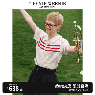 TeenieWeenie小熊2024年夏季新款镂空短袖条纹针织开衫薄款时尚女